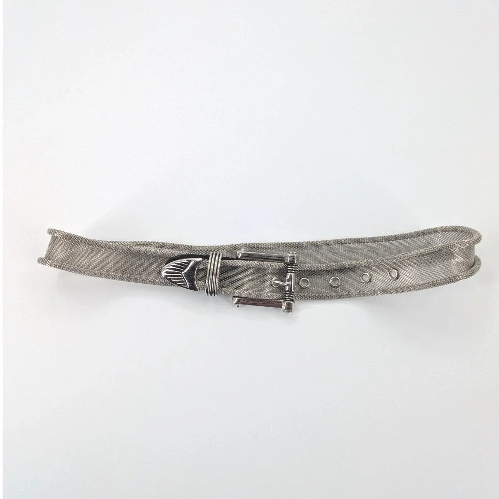 Vintage 80s Donna Katz Silver Metal Mesh Belt Western Ranger Buckle Boho‎ Size M
